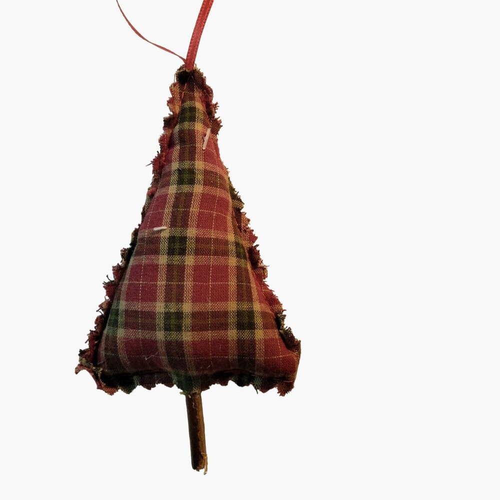 Plaid Christmas Tree Ornament  Red Green Fabric Ribbon Hanger